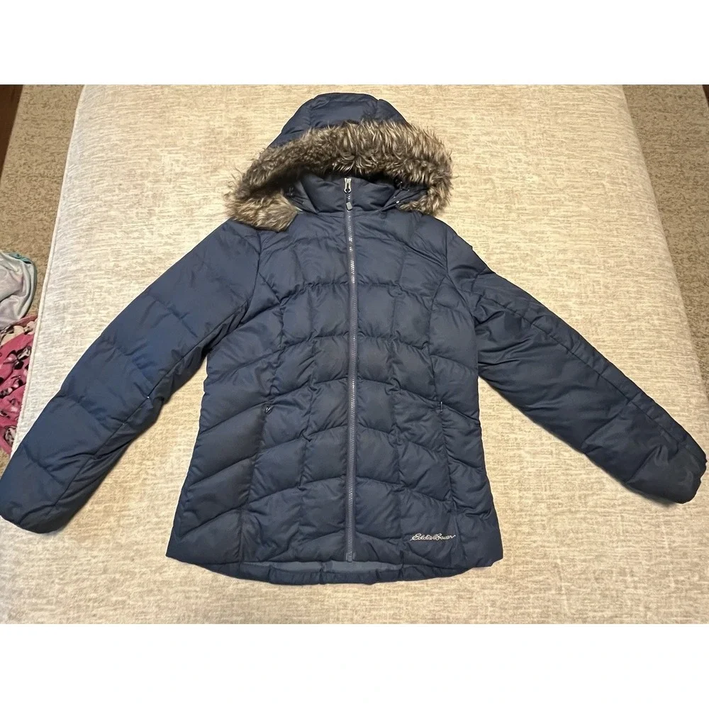 Eddie Bauer Women's‎ Down Puffer Jacket with Faux Fur Hood - Size M - Navy Blue